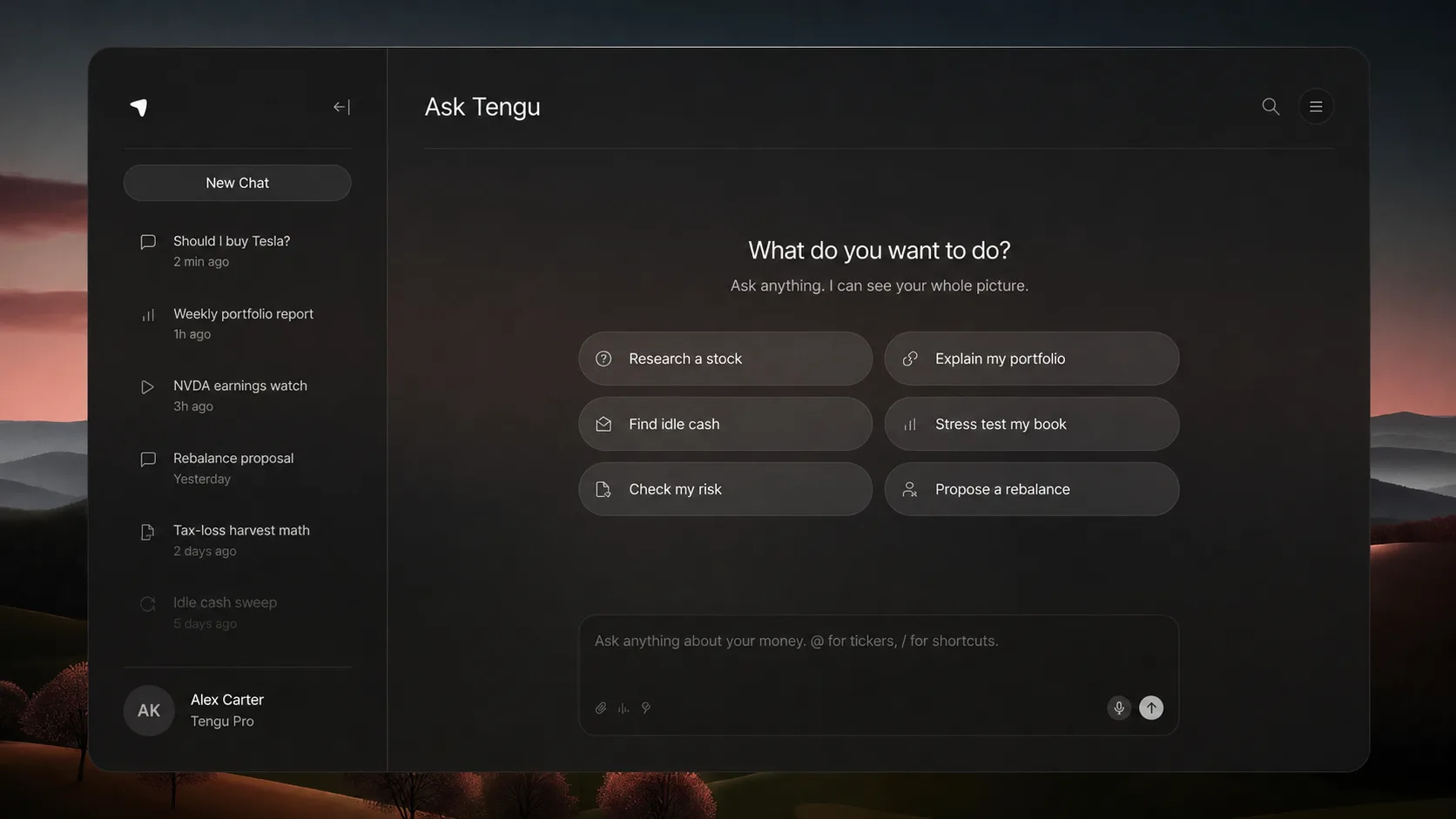 Ask Tengu workspace with quick-start prompts like Research a stock and Explain my portfolio, conversation sidebar, dark theme with sunset background.