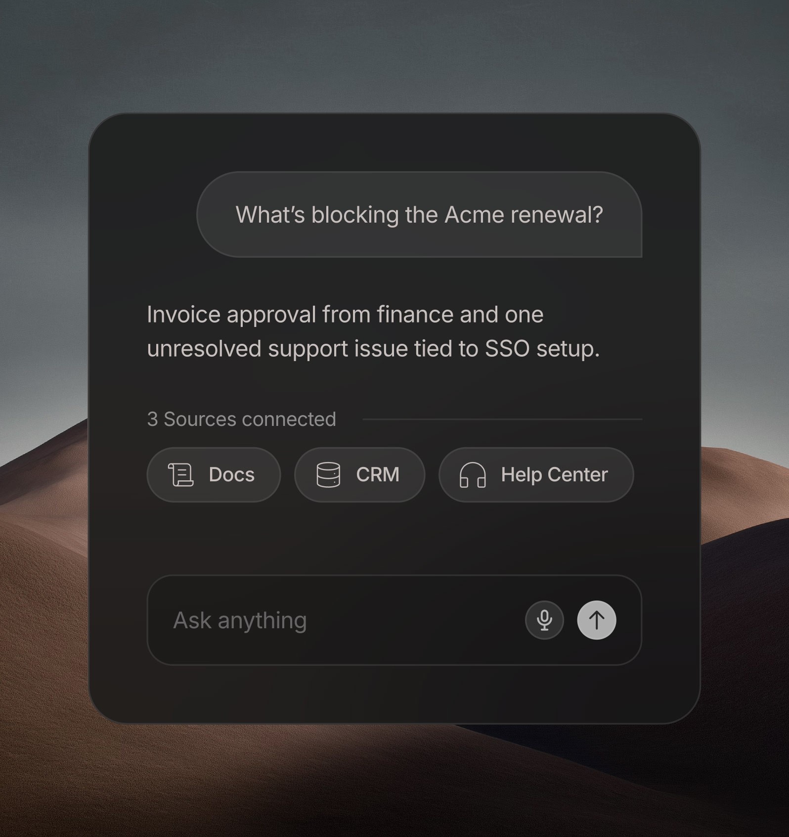 Feature section showing connected accounts (Schwab, Coinbase, Chase) with a chat UI answering a question about the portfolio.