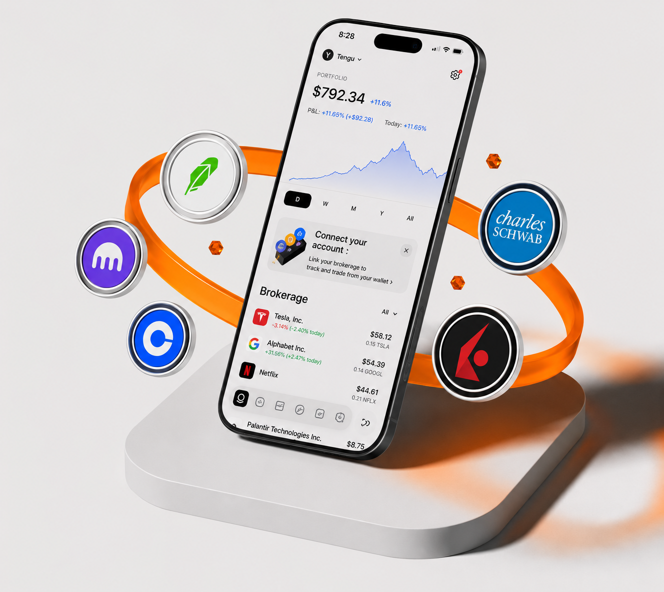 The Tengu app with Robinhood, Kraken, Coinbase, Charles Schwab and Interactive Brokers connecting into one account