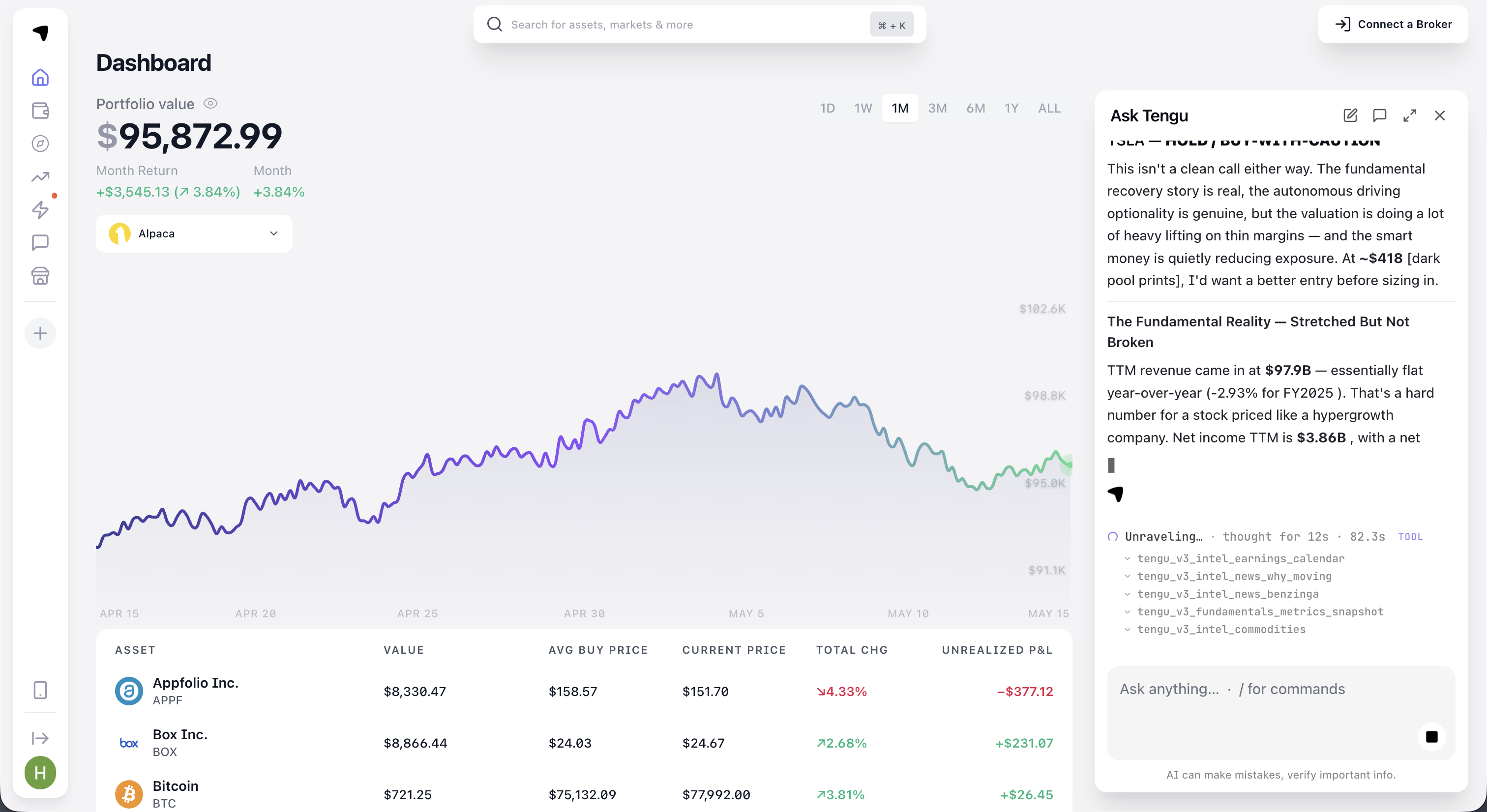 Ask Tengu running a $TSLA peer comparison inside the Tengu Dashboard. Visible tool calls: tengu_v3_intel_analyst_consensus, tengu_v3_intel_borrow_cost, tengu_v3_intel_ml_prediction, tengu_v3_intel_ml_drivers, tengu_v3_intel_model_calibration.