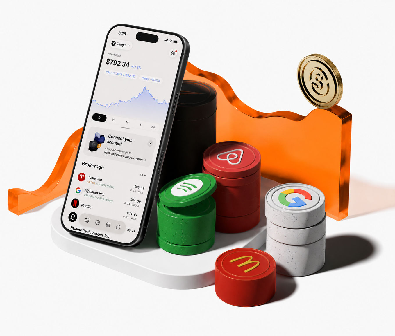 The Tengu app on a phone, surrounded by branded strategy tokens and a gold Tengu coin