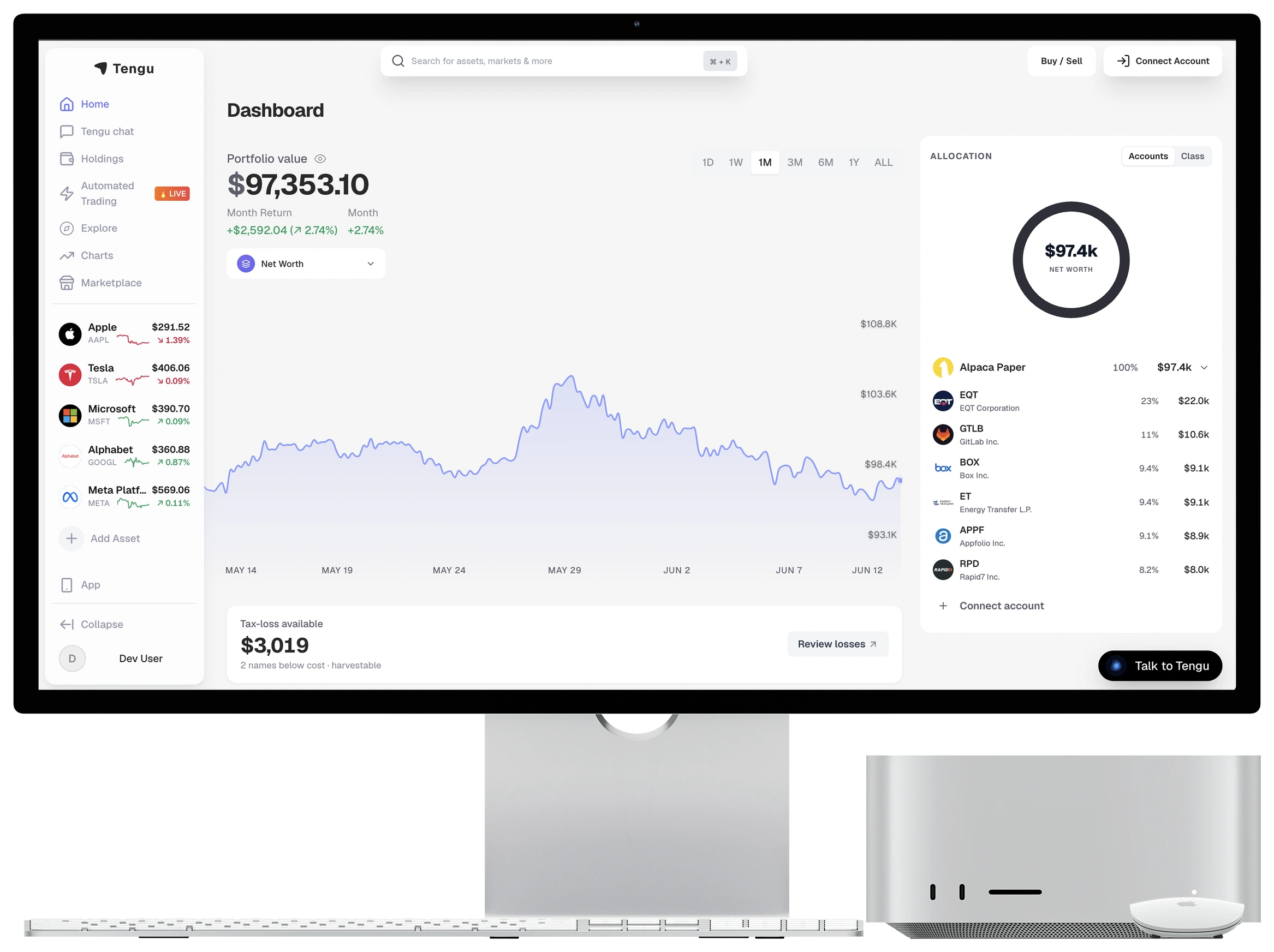 The Tengu platform dashboard on an Apple Studio Display